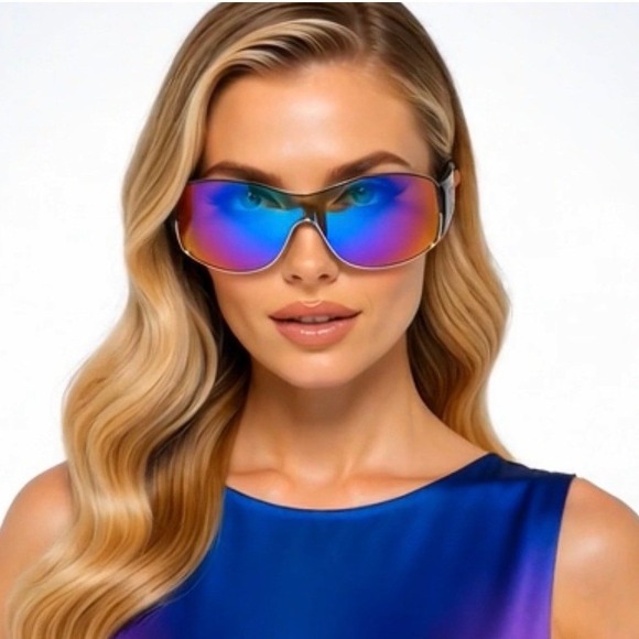Accessories - Khan Shield Sunglasses Black Iridescent Mirror Lens Sporty Wrap KN-M3734